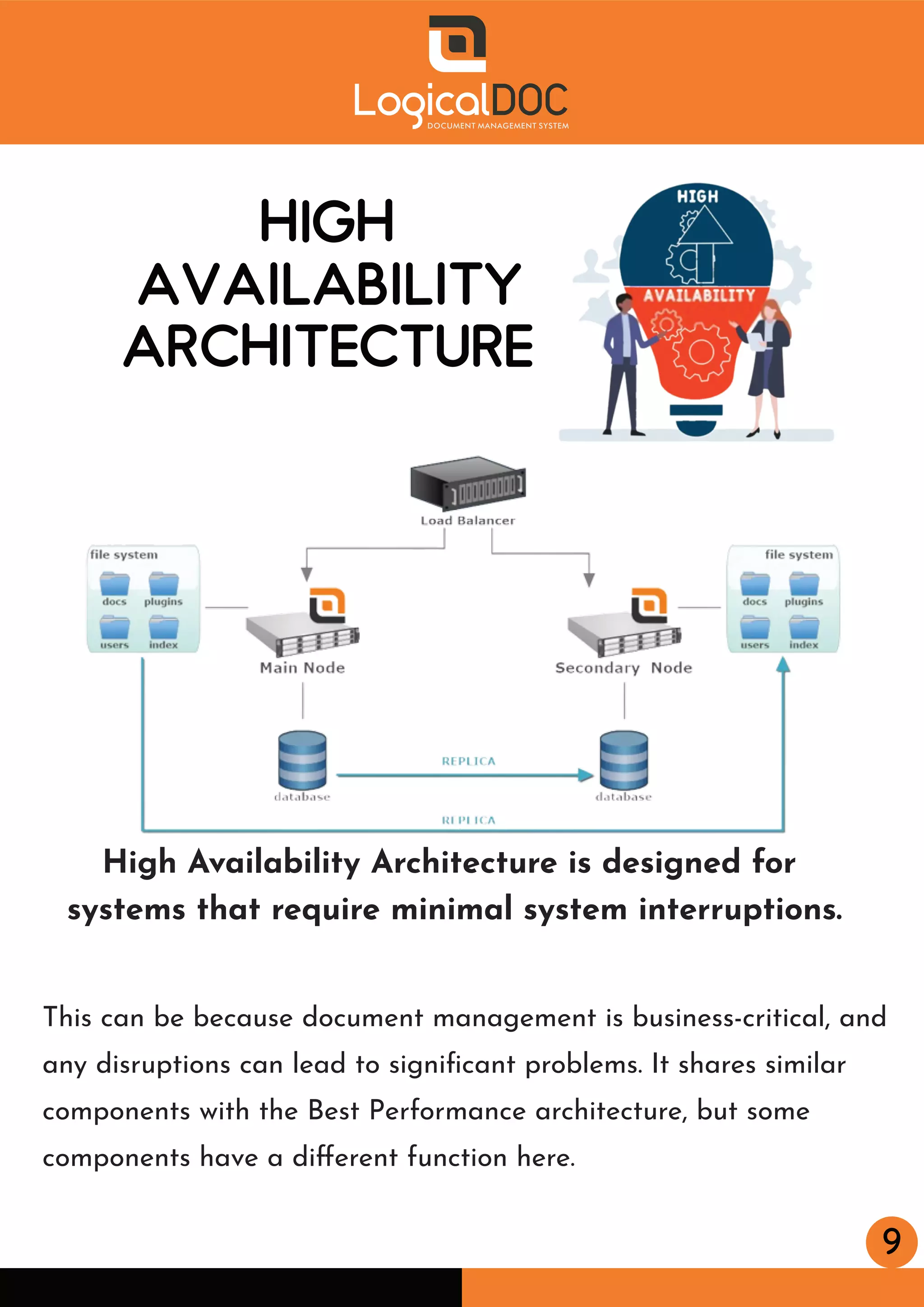 9
HIGH
AVAILABILITY
ARCHITECTURE
High Availability Architecture is designed for
systems that require minimal system interruptions.
This can be because document management is business-critical, and
any disruptions can lead to signiﬁcant problems. It shares similar
components with the Best Performance architecture, but some
components have a diﬀerent function here.
 