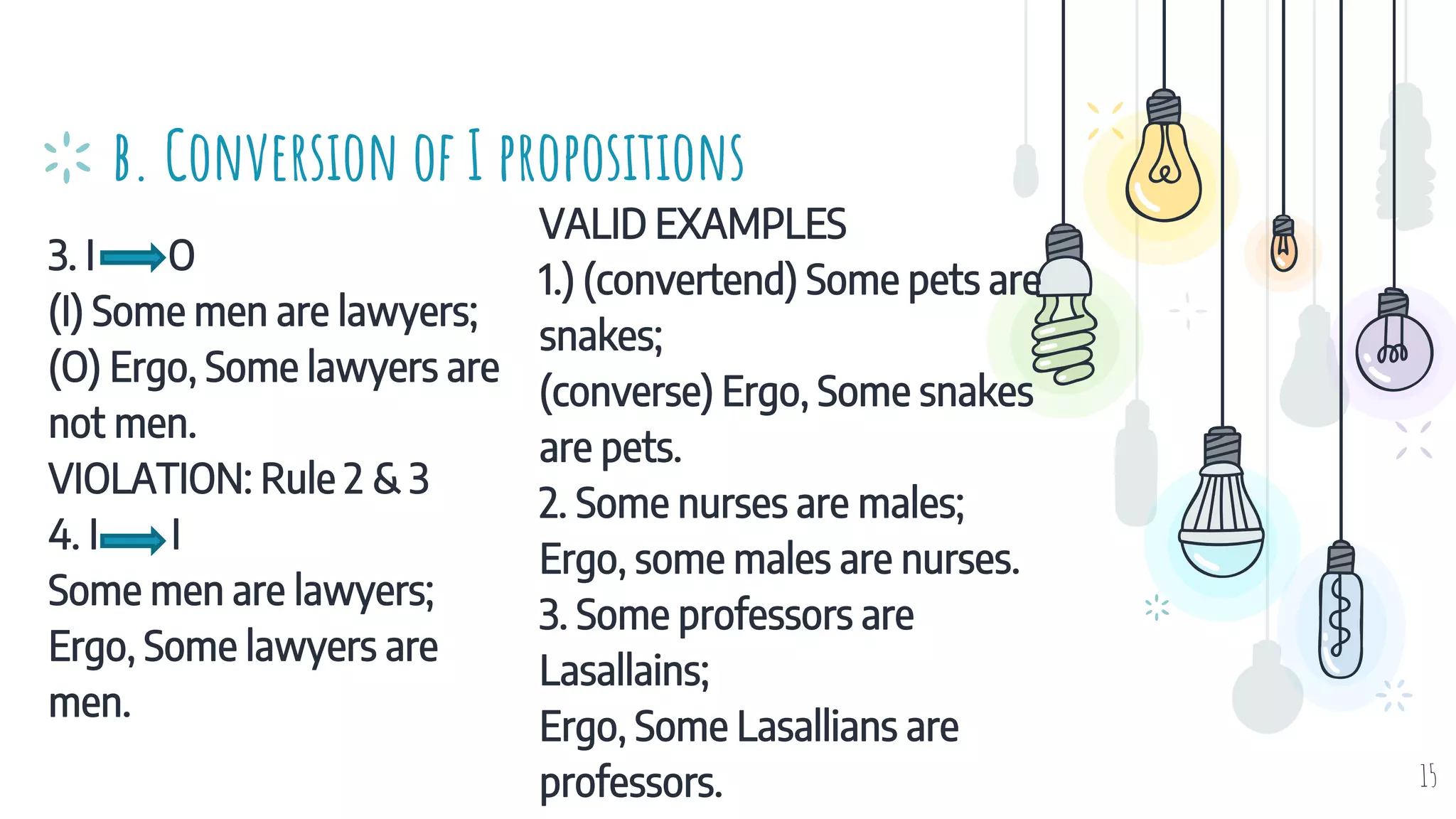 3. I O
(I) Some men are lawyers;
(O) Ergo, Some lawyers are
not men.
VIOLATION: Rule 2 & 3
4. I I
Some men are lawyers;
Ergo, Some lawyers are
men.
b. Conversion of I propositions
VALID EXAMPLES
1.) (convertend) Some pets are
snakes;
(converse) Ergo, Some snakes
are pets.
2. Some nurses are males;
Ergo, some males are nurses.
3. Some professors are
Lasallains;
Ergo, Some Lasallians are
professors. 15
 