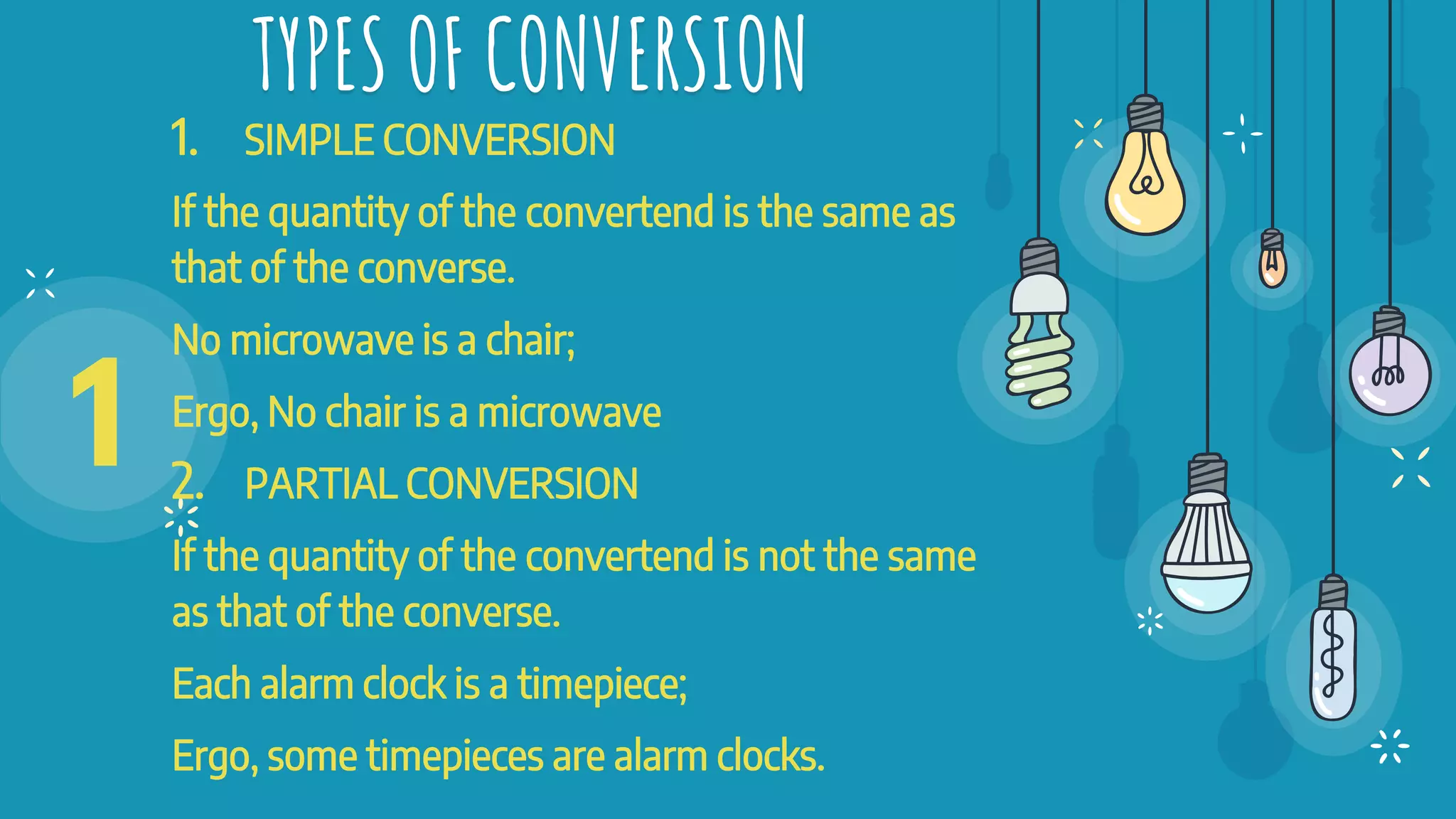 TYPES OF CONVERSION
1. SIMPLE CONVERSION
If the quantity of the convertend is the same as
that of the converse.
No microwave is a chair;
Ergo, No chair is a microwave
2. PARTIAL CONVERSION
If the quantity of the convertend is not the same
as that of the converse.
Each alarm clock is a timepiece;
Ergo, some timepieces are alarm clocks.
1
 