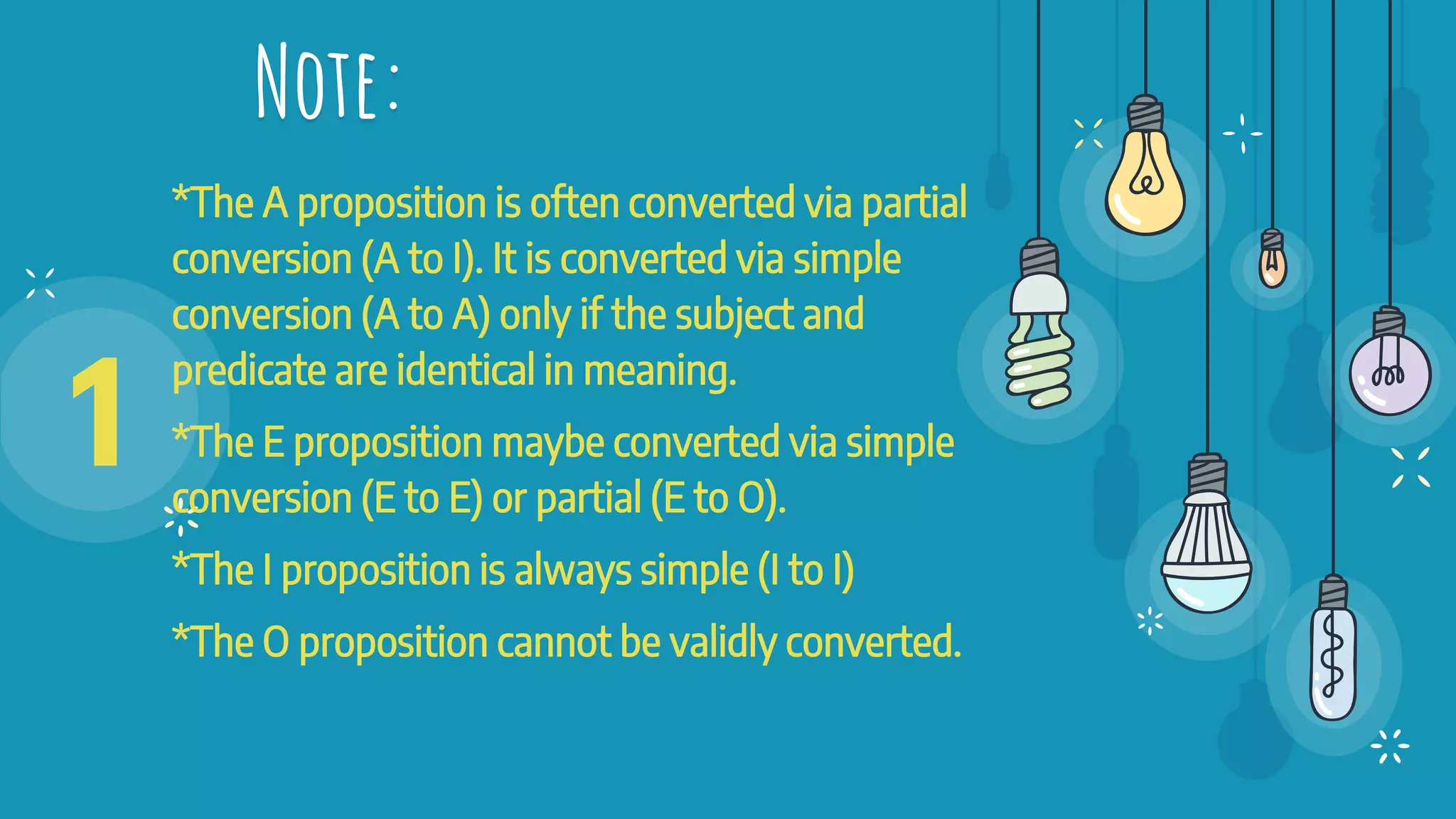 Note:
*The A proposition is often converted via partial
conversion (A to I). It is converted via simple
conversion (A to A) only if the subject and
predicate are identical in meaning.
*The E proposition maybe converted via simple
conversion (E to E) or partial (E to O).
*The I proposition is always simple (I to I)
*The O proposition cannot be validly converted.
1
 