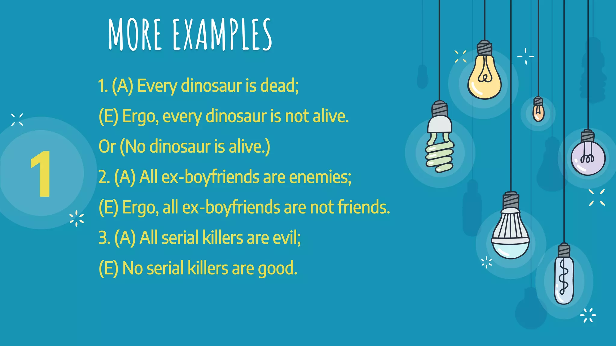 MORE EXAMPLES
1. (A) Every dinosaur is dead;
(E) Ergo, every dinosaur is not alive.
Or (No dinosaur is alive.)
2. (A) All ex-boyfriends are enemies;
(E) Ergo, all ex-boyfriends are not friends.
3. (A) All serial killers are evil;
(E) No serial killers are good.
1
 