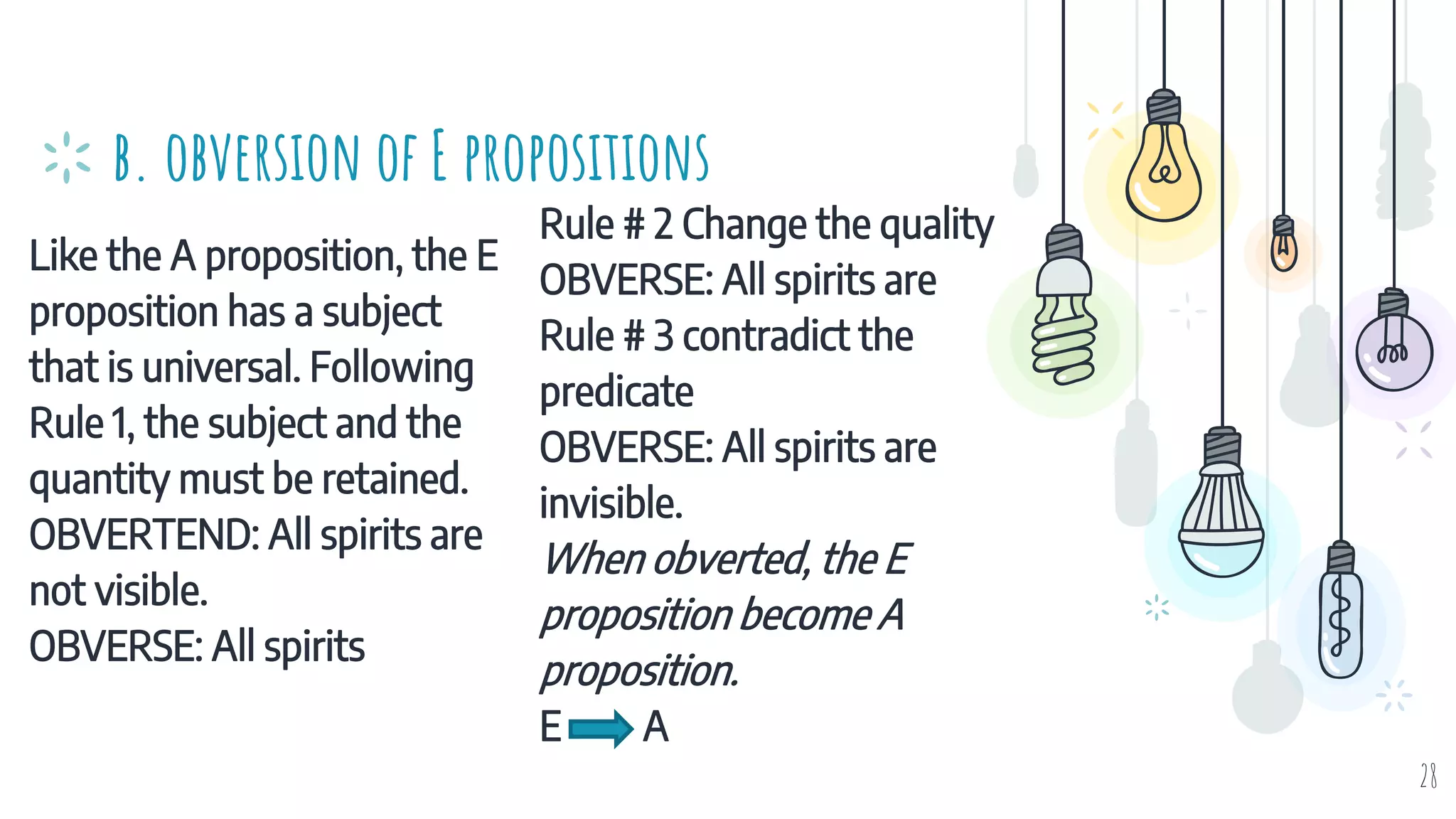 Like the A proposition, the E
proposition has a subject
that is universal. Following
Rule 1, the subject and the
quantity must be retained.
OBVERTEND: All spirits are
not visible.
OBVERSE: All spirits
b. obversion of E propositions
Rule # 2 Change the quality
OBVERSE: All spirits are
Rule # 3 contradict the
predicate
OBVERSE: All spirits are
invisible.
When obverted, the E
proposition become A
proposition.
E A
28
 