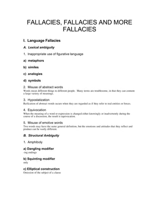 FALLACIES, FALLACIES AND MORE
              FALLACIES
I. Language Fallacies
A. Lexical ambiguity

1. Inappropriate use of figurative language

a) metaphors

b) similes

c) analogies

d) symbols

2. Misuse of abstract words
Words mean different things to different people. Many terms are troublesome, in that they can connote
a large variety of meanings.

3. Hypostatization
Reification of abstract words occurs when they are regarded as if they refer to real entities or forces.

4. Equivocation
When the meaning of a word or expression is changed either knowingly or inadvertently during the
course of a discussion, the result is equivocation.

5. Misuse of emotive words
Two words may have the same general definition, but the emotions and attitudes that they reflect and
produce can be vastly different.

B. Structural Ambiguity

1. Amphiboly

a) Dangling modifier
-ing endings

b) Squinting modifier
only

c) Elliptical construction
Omission of the subject of a clause
 