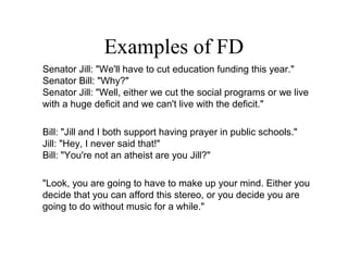 Examples of FD
Senator Jill: "We'll have to cut education funding this year."
Senator Bill: "Why?"
Senator Jill: "Well, either we cut the social programs or we live
with a huge deficit and we can't live with the deficit."
Bill: "Jill and I both support having prayer in public schools."
Jill: "Hey, I never said that!"
Bill: "You're not an atheist are you Jill?"
"Look, you are going to have to make up your mind. Either you
decide that you can afford this stereo, or you decide you are
going to do without music for a while."
 