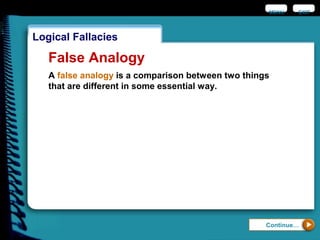 EXIT
Logical Fallacies
Continue…
False Analogy
A false analogy is a comparison between two things
that are different in some essential way.
MENU
 