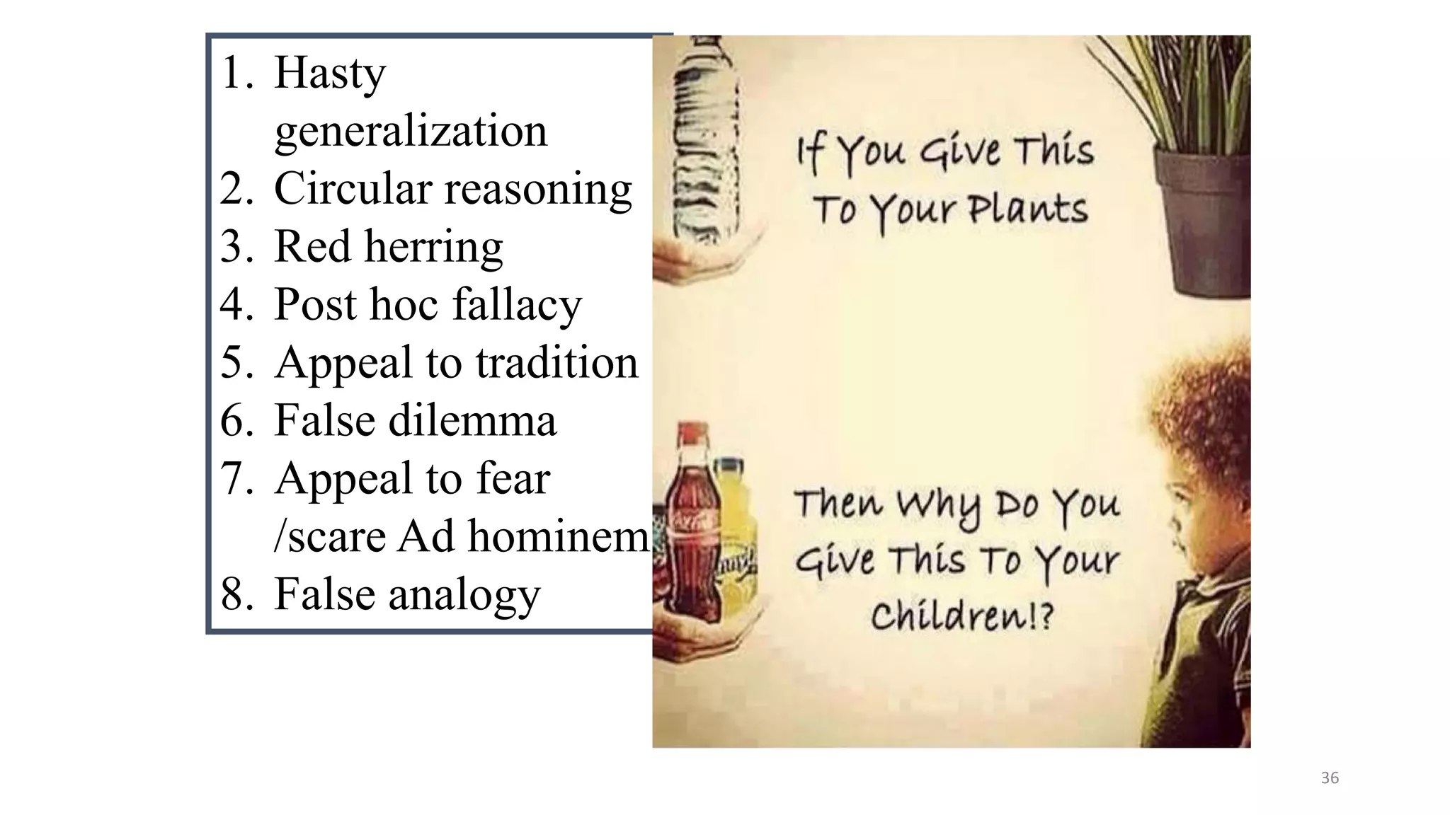 36
1. Hasty
generalization
2. Circular reasoning
3. Red herring
4. Post hoc fallacy
5. Appeal to tradition
6. False dilemma
7. Appeal to fear
/scare Ad hominem
8. False analogy
 