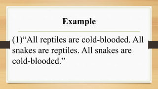 Example
(1)“All reptiles are cold-blooded. All
snakes are reptiles. All snakes are
cold-blooded.”
 