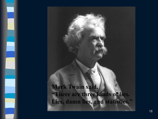 18
Mark Twain said,
“There are three kinds of lies.
Lies, damn lies, and statistics.”
 
