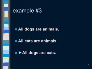 5
example #3
 All dogs are animals.
 All cats are animals.
 ►All dogs are cats.
 