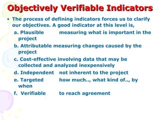Objectively Verifiable Indicators
Objectively Verifiable Indicators
• The process of defining indicators forces us to clarify
our objectives. A good indicator at this level is,
a. Plausible measuring what is important in the
project
b. Attributable measuring changes caused by the
project
c. Cost-effective involving data that may be
collected and analyzed inexpensively
d. Independent not inherent to the project
e. Targeted how much.., what kind of.., by
when
f. Verifiable to reach agreement
 