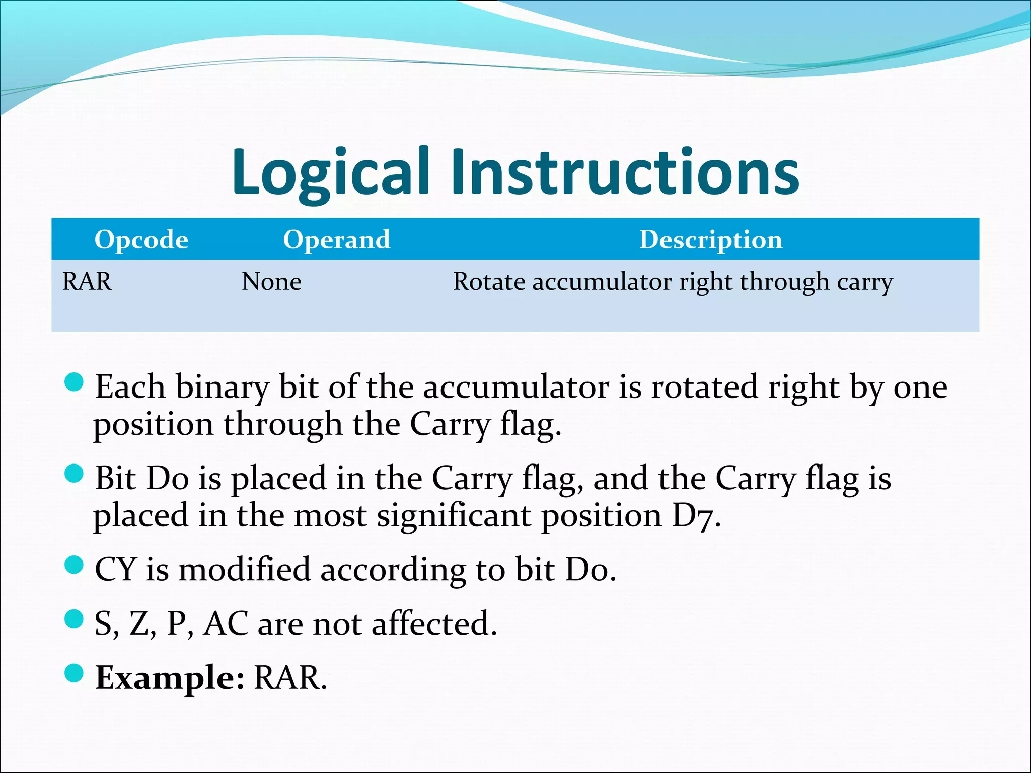 Logical Instructions
Opcode Operand Description
RAR None Rotate accumulator right through carry
Each binary bit of the accumulator is rotated right by one
position through the Carry flag.
Bit D0 is placed in the Carry flag, and the Carry flag is
placed in the most significant position D7.
CY is modified according to bit D0.
S, Z, P, AC are not affected.
Example: RAR.
 