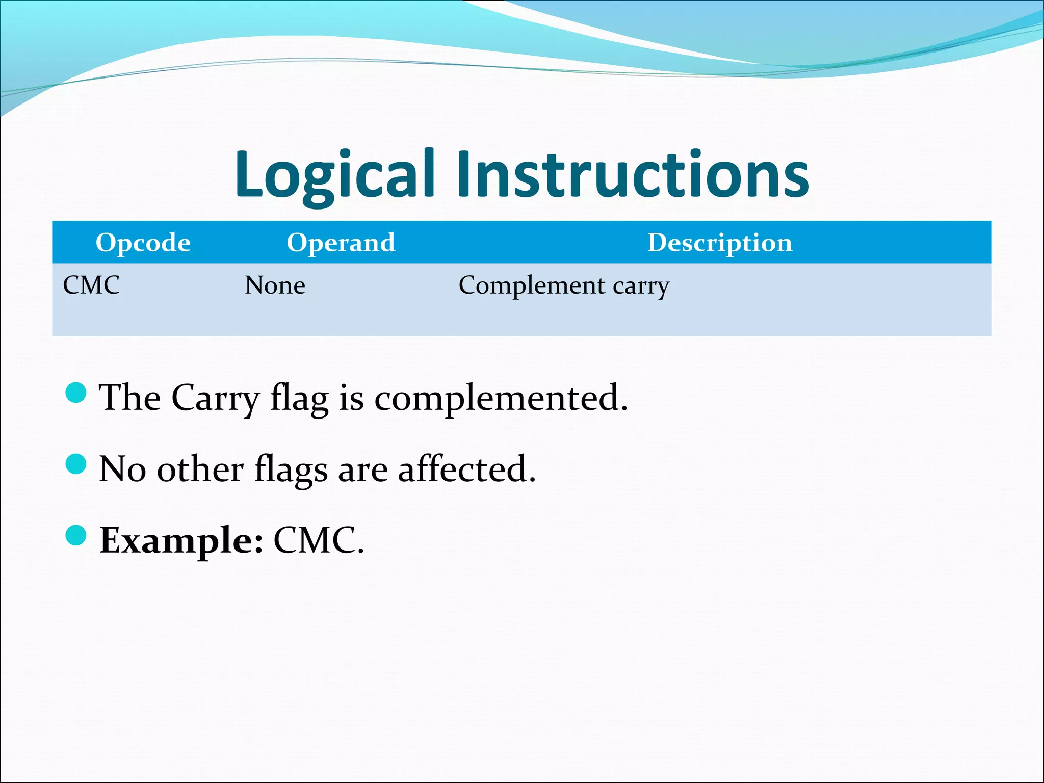 Logical Instructions
Opcode Operand Description
CMC None Complement carry
The Carry flag is complemented.
No other flags are affected.
Example: CMC.
 