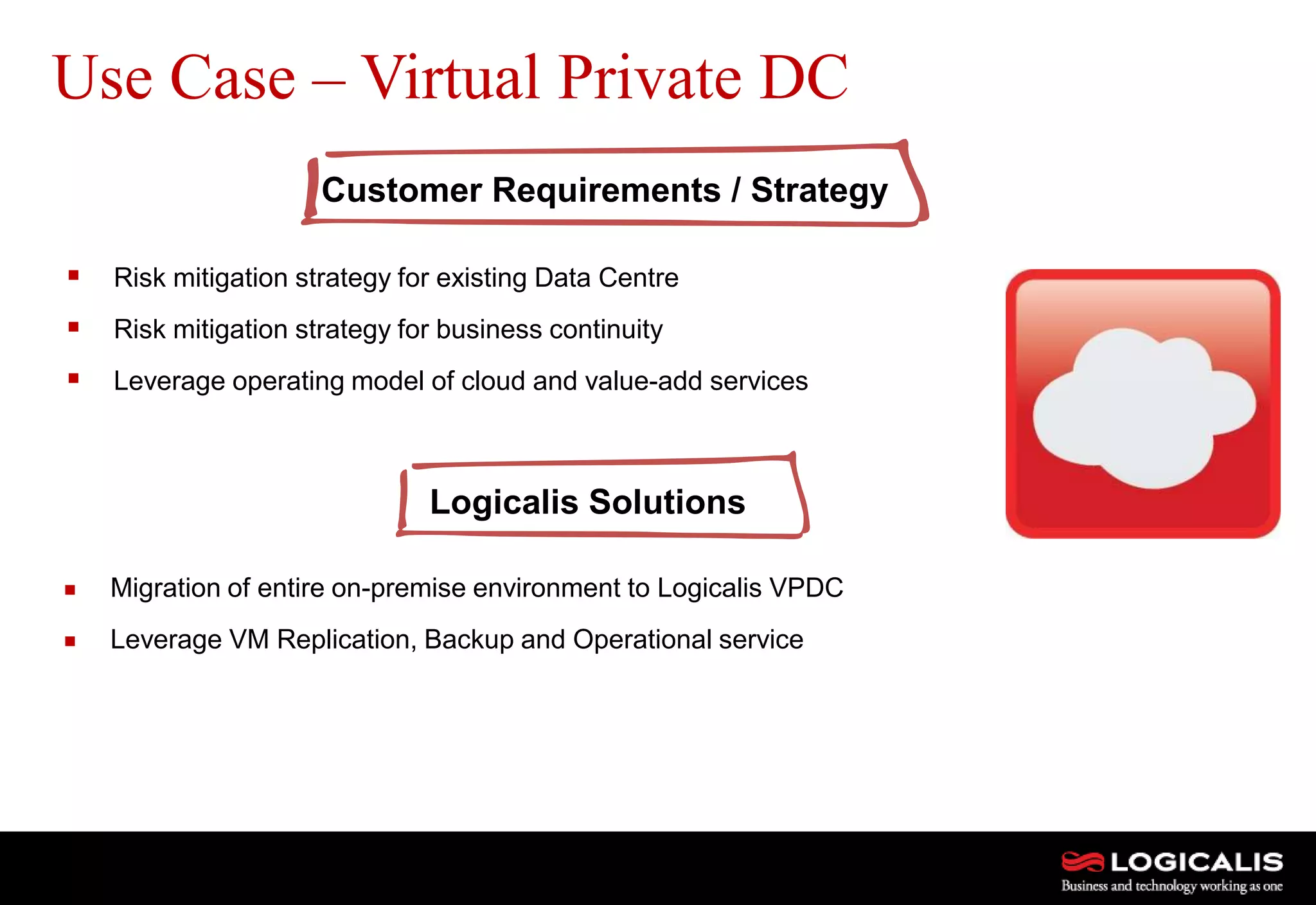 12
 Risk mitigation strategy for existing Data Centre
 Risk mitigation strategy for business continuity
 Leverage operating model of cloud and value-add services
Use Case – Virtual Private DC
Customer Requirements / Strategy
Logicalis Solutions
 Migration of entire on-premise environment to Logicalis VPDC
 Leverage VM Replication, Backup and Operational service
 