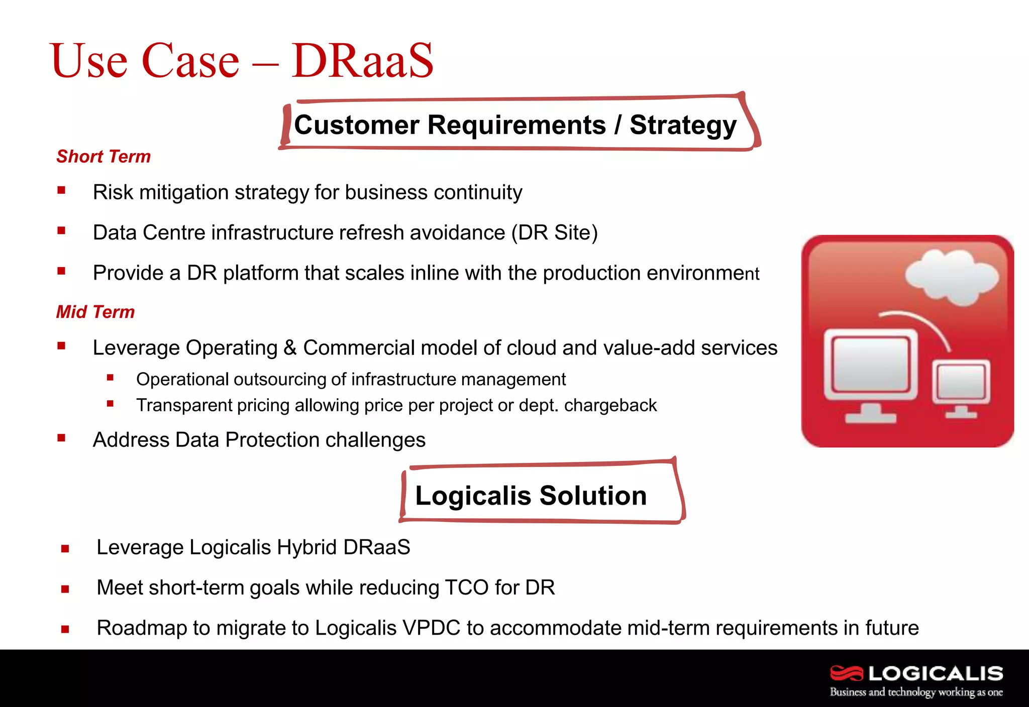 14
Short Term
 Risk mitigation strategy for business continuity
 Data Centre infrastructure refresh avoidance (DR Site)
 Provide a DR platform that scales inline with the production environment
Mid Term
 Leverage Operating & Commercial model of cloud and value-add services
 Operational outsourcing of infrastructure management
 Transparent pricing allowing price per project or dept. chargeback
 Address Data Protection challenges
Use Case – DRaaS
Customer Requirements / Strategy
Logicalis Solution
 Leverage Logicalis Hybrid DRaaS
 Meet short-term goals while reducing TCO for DR
 Roadmap to migrate to Logicalis VPDC to accommodate mid-term requirements in future
 