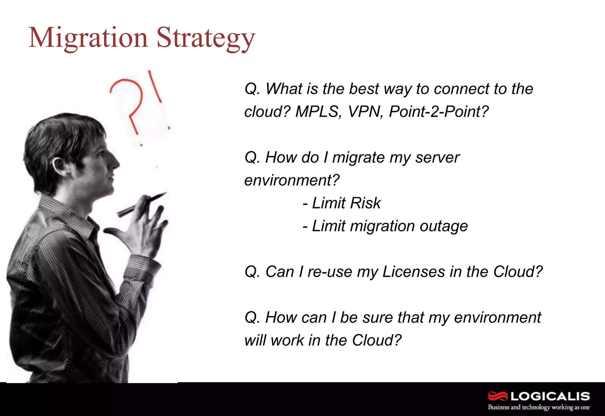 23
Migration Strategy
Q. What is the best way to connect to the
cloud? MPLS, VPN, Point-2-Point?
Q. How do I migrate my server
environment?
- Limit Risk
- Limit migration outage
Q. Can I re-use my Licenses in the Cloud?
Q. How can I be sure that my environment
will work in the Cloud?
 