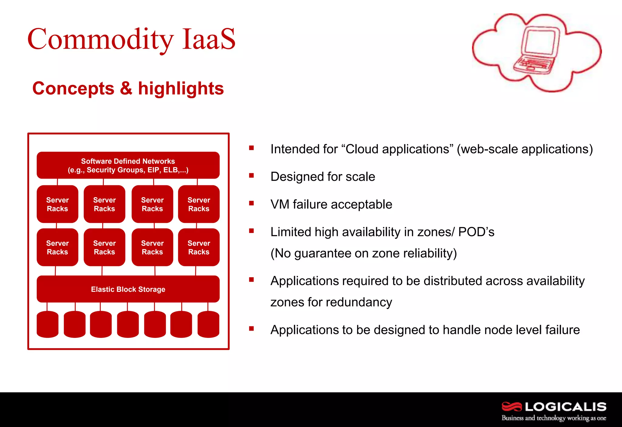 6
Commodity IaaS
 Intended for “Cloud applications” (web-scale applications)
 Designed for scale
 VM failure acceptable
 Limited high availability in zones/ POD’s
(No guarantee on zone reliability)
 Applications required to be distributed across availability
zones for redundancy
 Applications to be designed to handle node level failure
Software Defined Networks
(e.g., Security Groups, EIP, ELB,...)
Server
Racks
Server
Racks
Server
Racks
Server
Racks
Server
Racks
Server
Racks
Server
Racks
Server
Racks
Elastic Block Storage
Concepts & highlights
 