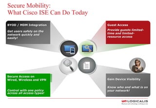BYOD / MDM Integration
Get users safely on the
network quickly and
easily!
Guest Access
Provide guests limited-
time and limited-
resource access
Secure Access on
Wired, Wireless and VPN
Control with one policy
across all access types!
Gain Device Visibility
Know who and what is on
your network!
Secure Mobility:
What Cisco ISE Can Do Today
 