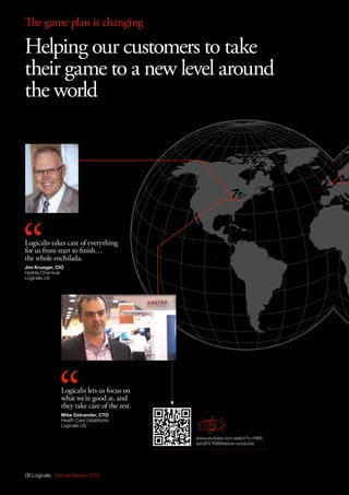 08 Logicalis Annual Review 2013
Logicalis takes care of everything
for us from start to finish…
the whole enchilada.
Jim Krueger, CIO
Hydrite Chemical
Logicalis US
The game plan is changing
Helping our customers to take
their game to a new level around
the world
Logicalis lets us focus on
what we’re good at, and
they take care of the rest.
Mike Ostrander, CTO
Health Care DataWorks
Logicalis US
www.youtube.com/watch?v=hWS
wZotDYTMfeature=youtu.be
 