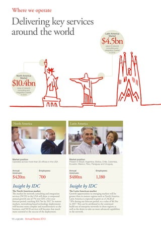 18 Logicalis Annual Review 2013
Where we operate
North America
Market position
Operates across more than 20 offices in the USA
Annual
revenues:
$420m
Employees:
700
Latin America
Market position
Present in Brazil, Argentina, Bolivia, Chile, Colombia,
Ecuador, Mexico, Peru, Paraguay and Uruguay.
Annual
revenues:
$480m
Employees:
1,180
Insight by IDC
The Latin American market
Growth opportunities in emerging markets will be
greater than in mature regions such as North America.
Latin America is expected to grow at a CAGR of
7.8% during our forecast period, to a value of $6.1bn
in 2017. This can be attributed to the continued
build-out of enterprise networks in these regions as
well as the desire to take on more advanced capabilities
in the network.
Insight by IDC
The North American market
The market for network consulting and integration
services (NCIS) in the USA will show a compound
annual growth rate of 7% over IDC’s five-year
forecast period, reaching $14.7bn by 2017. In mature
markets, networking-based technology deployments
will become more complex and transformative to the
business, and NCIS services will become that much
more essential to the success of the deployment.
Latin America
Market
$4.5bnvalue of network
consulting and
integration market
in 2012
North America
Market
$10.4bnvalue of network
consulting and
integration market
in 2012
Delivering key services
around the world
 