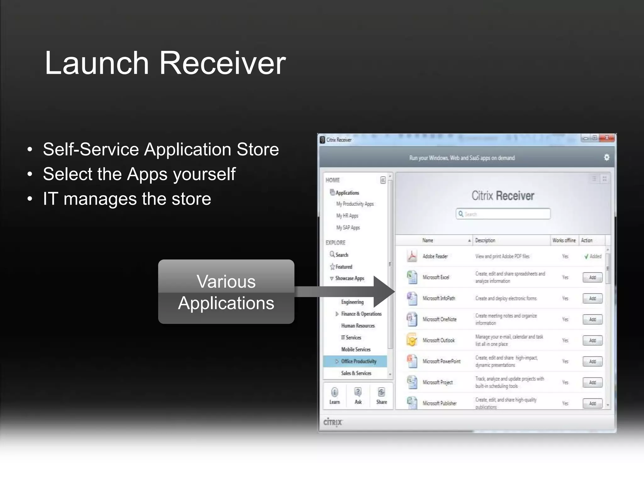 Launch Receiver

• Self-Service Application Store
• Select the Apps yourself
• IT manages the store



                     Various
                   Applications
 