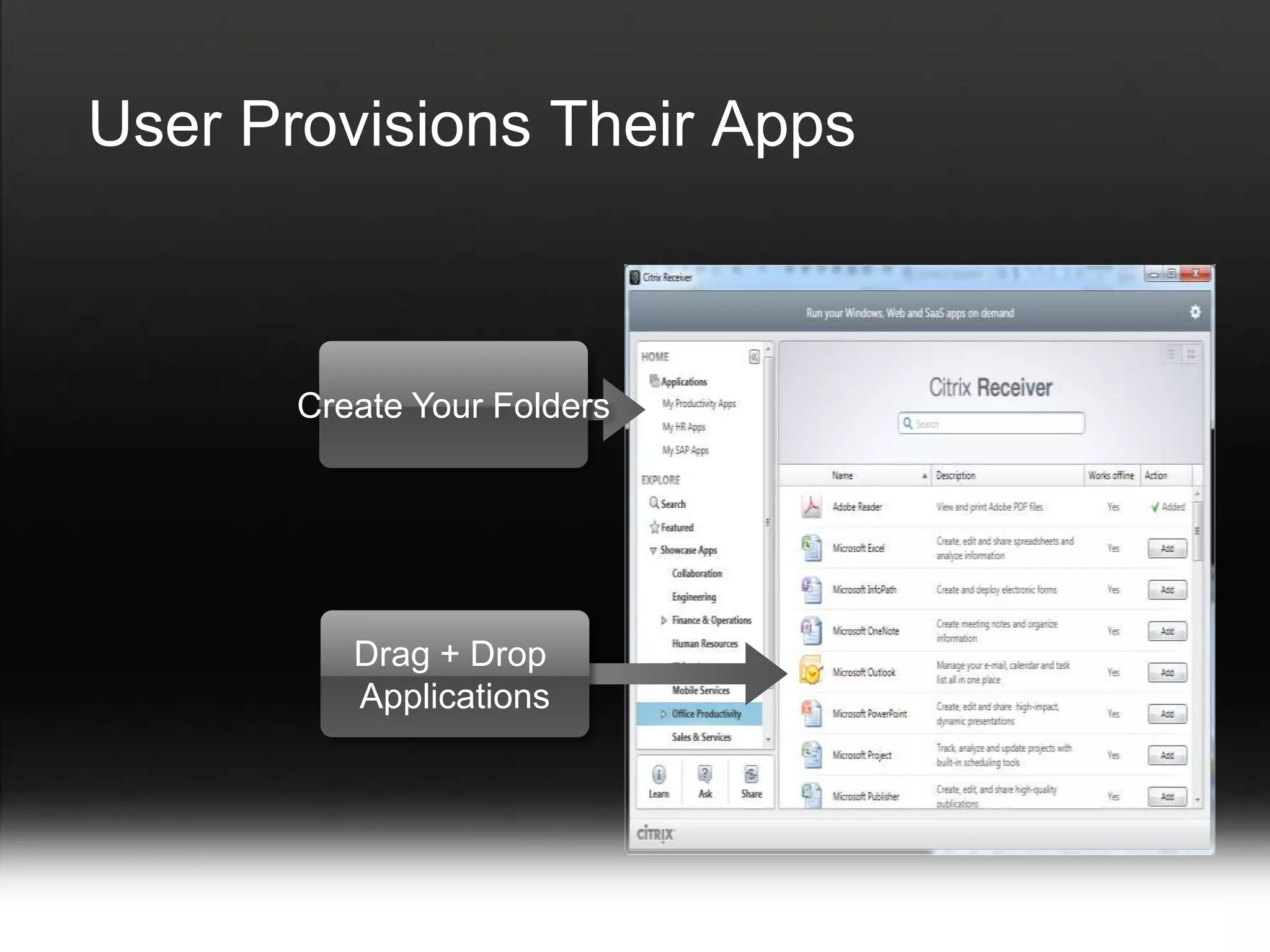 User Provisions Their Apps



       Create Your Folders




          Drag + Drop
          Applications
 