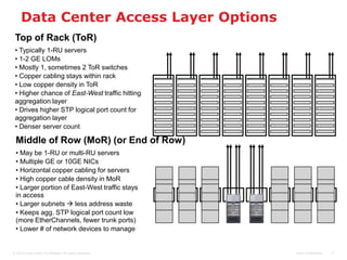 Data Center Access Layer Options
 Top of Rack (ToR)
 • Typically 1-RU servers
 • 1-2 GE LOMs
 • Mostly 1, sometimes 2 ToR switches
 • Copper cabling stays within rack
 • Low copper density in ToR
 • Higher chance of East-West traffic hitting
 aggregation layer
 • Drives higher STP logical port count for
 aggregation layer
 • Denser server count

  Middle of Row (MoR) (or End of Row)
  • May be 1-RU or multi-RU servers
  • Multiple GE or 10GE NICs
  • Horizontal copper cabling for servers
  • High copper cable density in MoR
  • Larger portion of East-West traffic stays
  in access
  • Larger subnets  less address waste
  • Keeps agg. STP logical port count low
  (more EtherChannels, fewer trunk ports)
  • Lower # of network devices to manage


© 2010 Cisco and/or its affiliates. All rights reserved.   Cisco Confidential   17
 