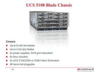 UCS 5108 Blade Chassis




Chassis
 Up to 8 half slot blades
 Up to 4 full slot blades
 4x power supplies, N+N grid redundant
 8x fans included
 2x UCS 2104/2204 or 2208 Fabric Extenders
 All items hot-pluggable

    Title
 
