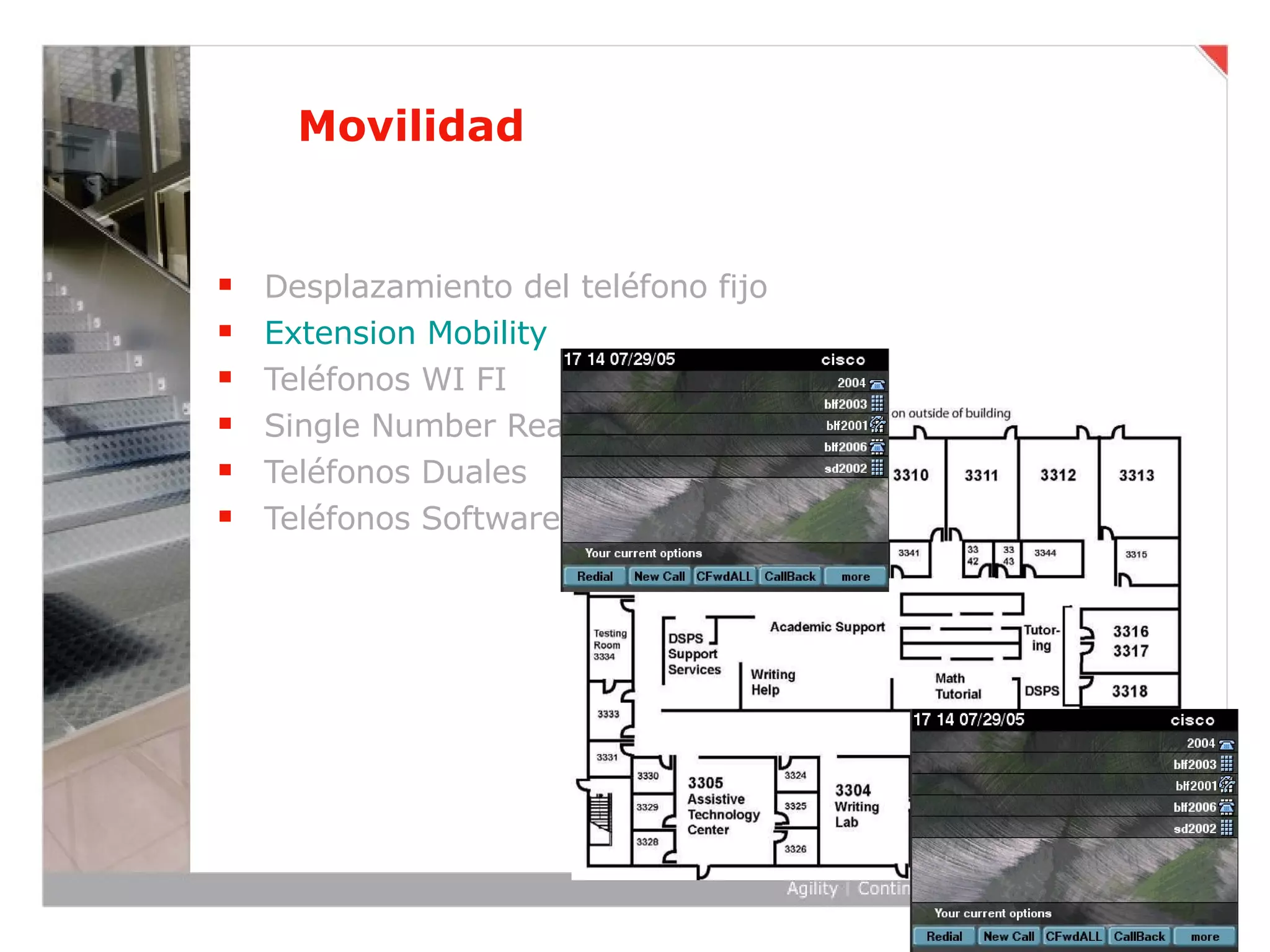 Movilidad Desplazamiento del teléfono fijo Extension Mobility Teléfonos WI FI Single Number Reach Teléfonos Duales Teléfonos Software 