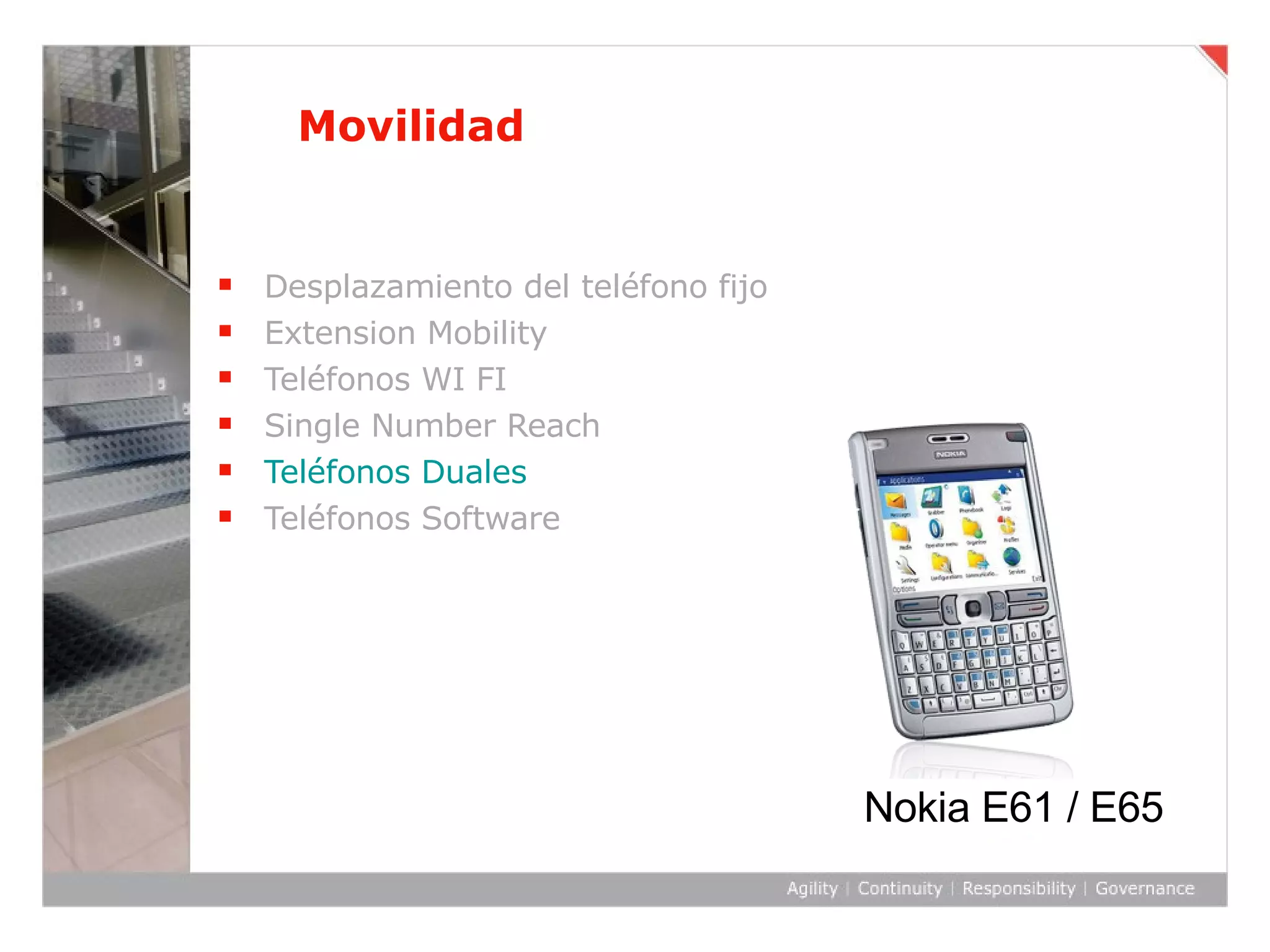 Movilidad Desplazamiento del teléfono fijo Extension Mobility Teléfonos WI FI Single Number Reach Teléfonos Duales Teléfonos Software Nokia E61 / E65 
