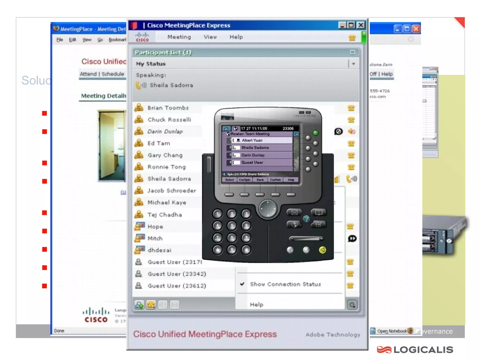 Cisco Unified MeetingPlace Express Simple y poderosa funcionalidad. Capacidades de conferencia de voz extendidas. Control de reunión y compartir contenidos. Confguración simple. Acceder a la conferenca desde la red. Facil de implementar y gerenciar. Plataforma de servidor único. Ideal para organizaciones medianas De 20-120 usuarios concurrentes. Soporte para multilenguaje. Soluciones de conferecia con Audio, Video y Web 