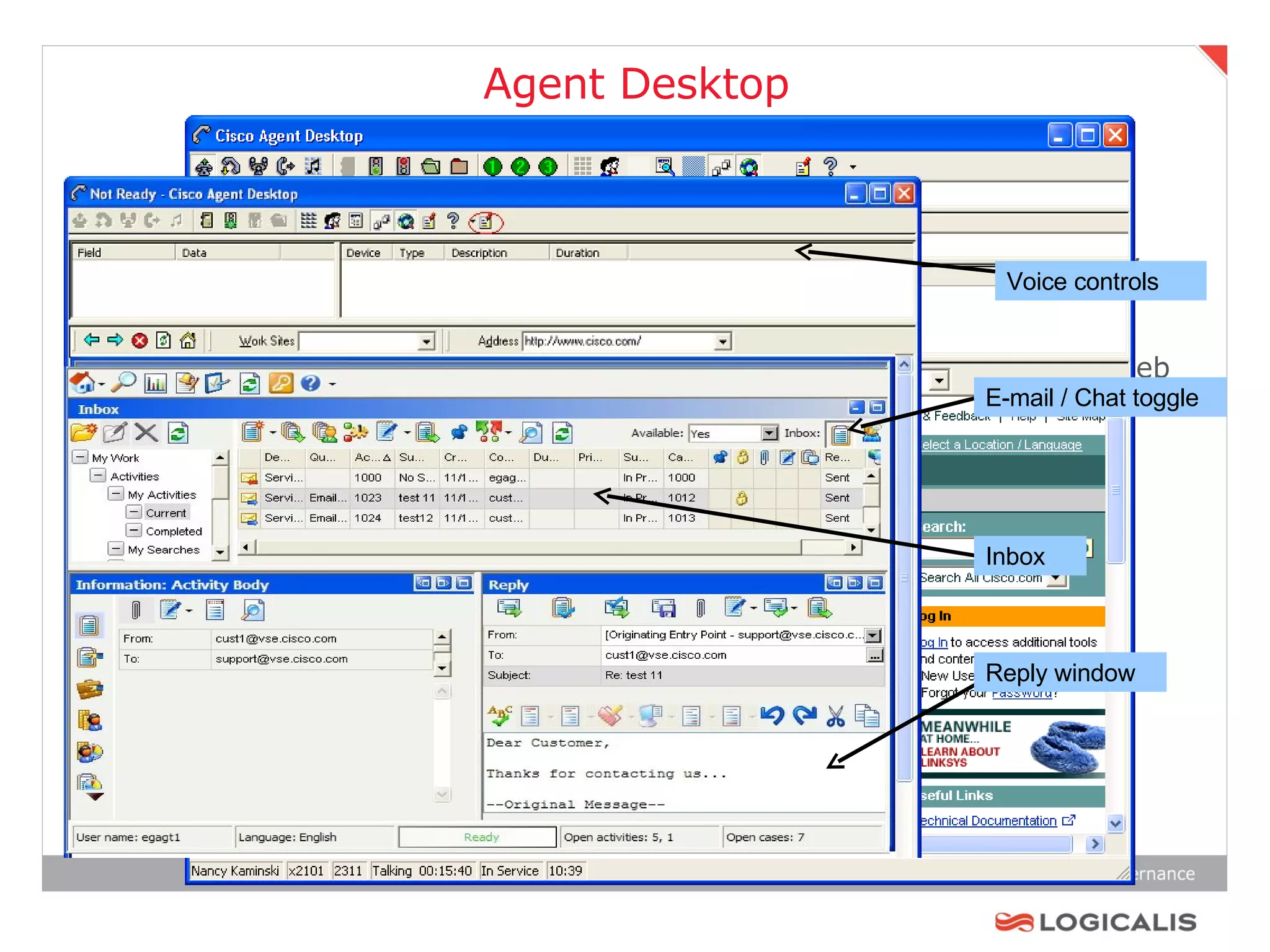 CTI pop up’s e integraciones con aplicaciones de cliente Todas las interfaces en un sóla herramienta (inbound, outbound, email, chat) On Screen Dial pad, Login – Logout, Not Ready reassons, on demand recording, Chat with supervisor, alerte msg´s, call history, embebed Web browser, personal stadistis, macro launcher, trasference, conference, supervisor asistance, record on demand, etc…  Agent Desktop E-mail / Chat toggle Reply window Inbox Voice controls 