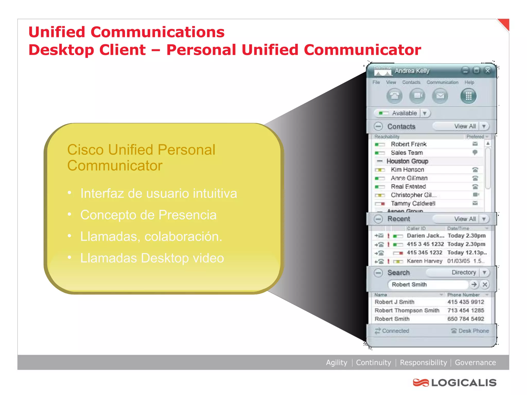 Unified Communications  Desktop Client – Personal Unified Communicator Interfaz de usuario intuitiva Concepto de Presencia Llamadas, colaboración. Llamadas Desktop video Cisco Unified Personal Communicator 