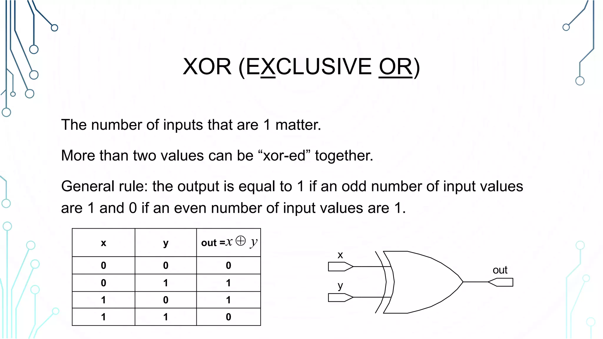 XOR (EXCLUSIVE OR)
The number of inputs that are 1 matter.
More than two values can be “xor-ed” together.
General rule: the output is equal to 1 if an odd number of input values
are 1 and 0 if an even number of input values are 1.
x y out =
0 0 0
0 1 1
1 0 1
1 1 0
yx
x
y
out
 