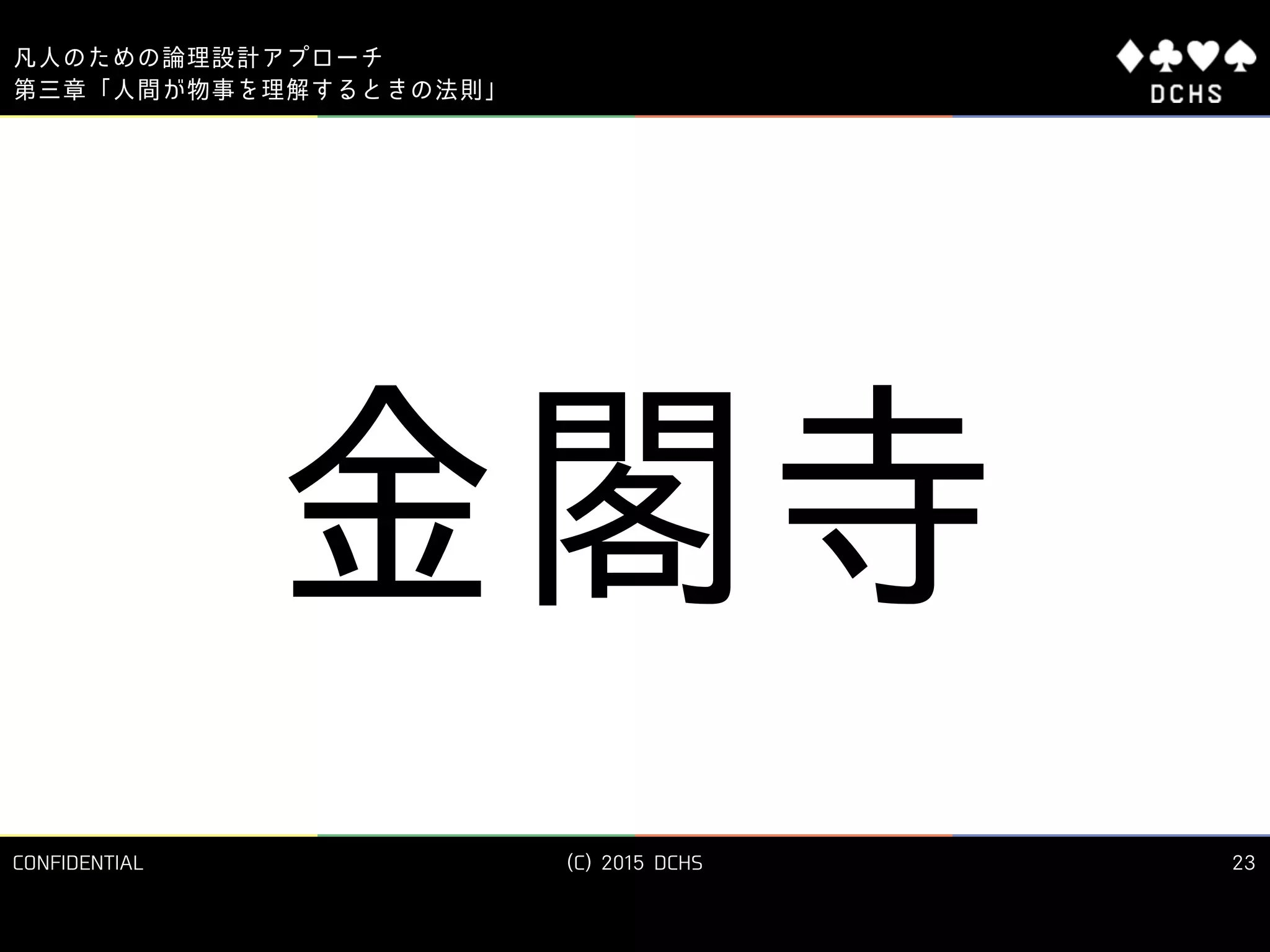 CONFIDENTIAL (C) 2015 DCHS
凡人のための論理設計アプローチ
23
第三章「人間が物事を理解するときの法則」
金閣寺
 