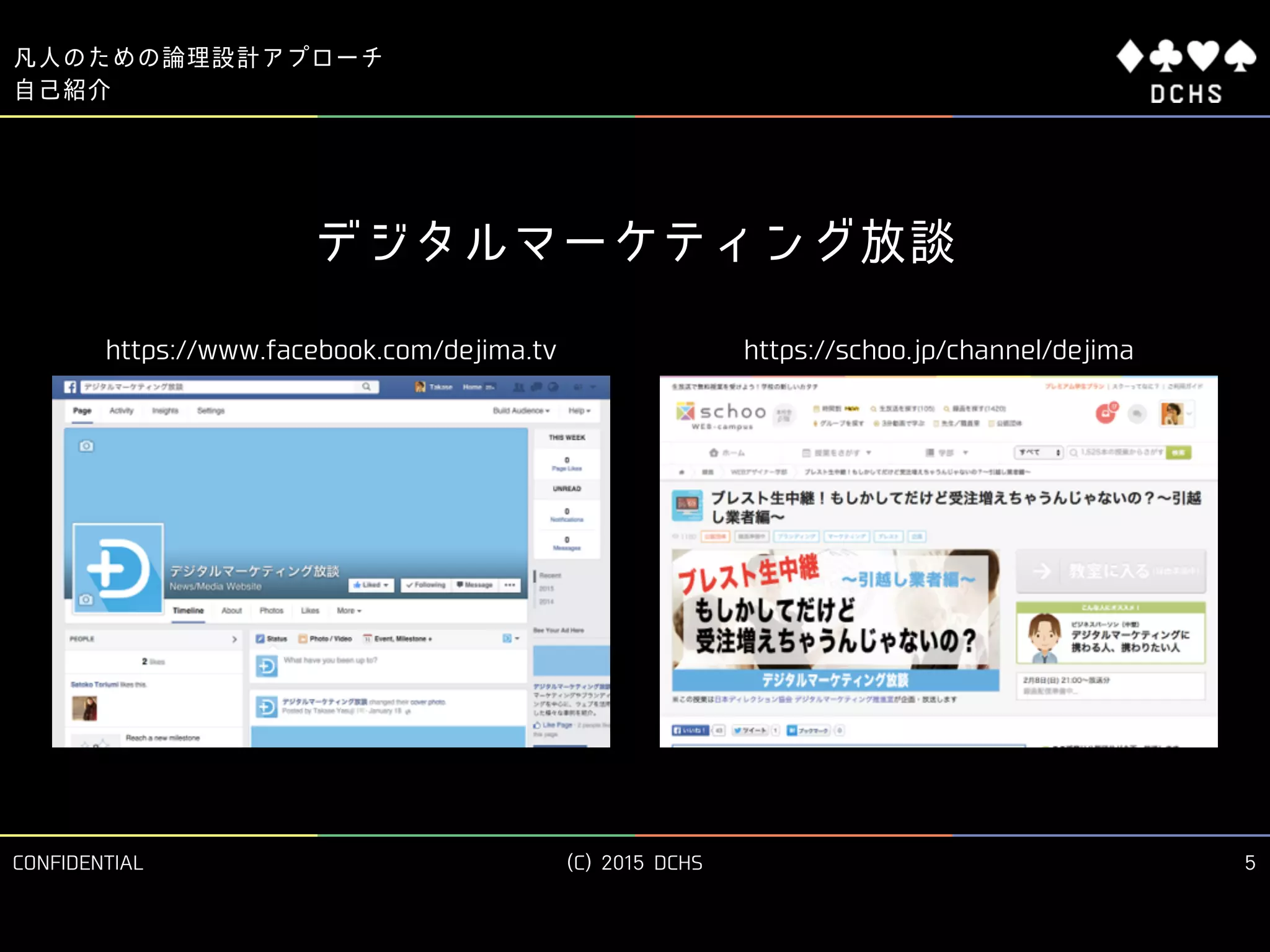 CONFIDENTIAL (C) 2015 DCHS
凡人のための論理設計アプローチ
5
自己紹介
https://schoo.jp/channel/dejimahttps://www.facebook.com/dejima.tv
デジタルマーケティング放談
 