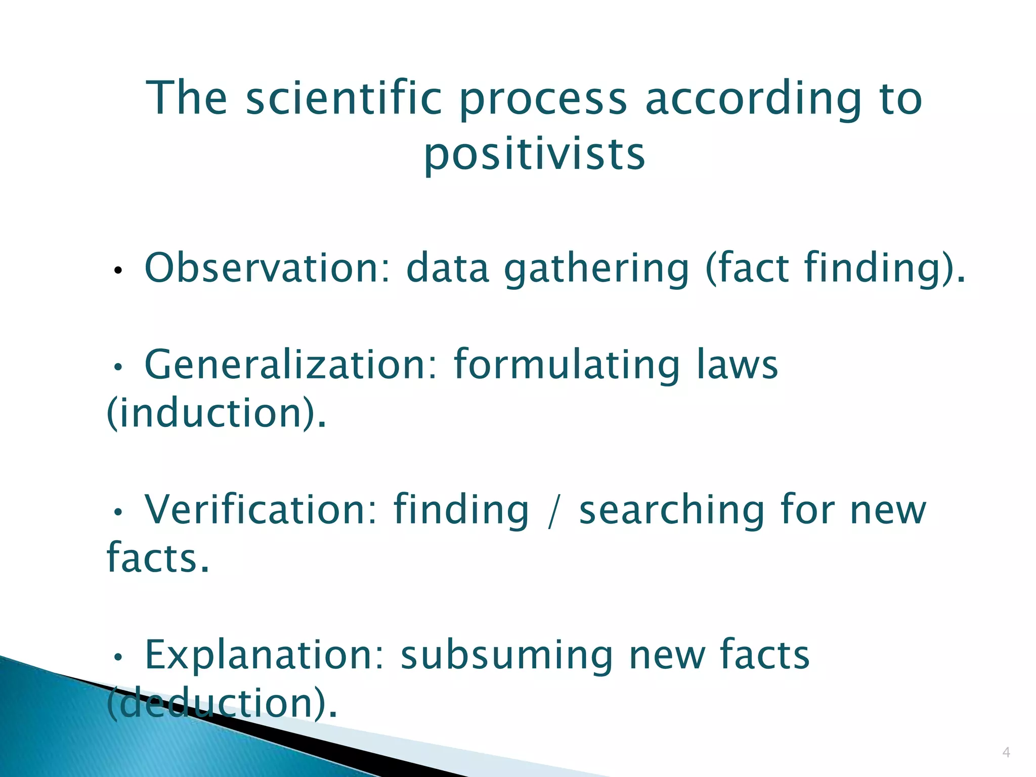 4
The scientific process according to
positivists
• Observation: data gathering (fact finding).
• Generalization: formulating laws
(induction).
• Verification: finding / searching for new
facts.
• Explanation: subsuming new facts
(deduction).
 