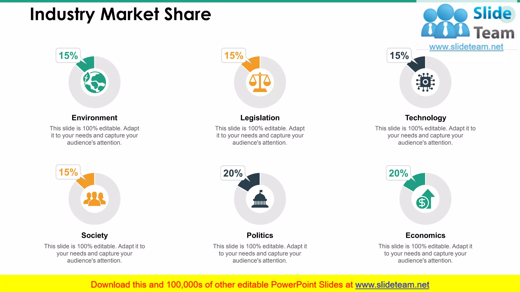 Industry Market Share 11
This slide is 100% editable. Adapt
it to your needs and capture your
audience's attention.
Environment
15%
This slide is 100% editable. Adapt
it to your needs and capture your
audience's attention.
Legislation
15%
This slide is 100% editable. Adapt it to
your needs and capture your
audience's attention.
Technology
15%
This slide is 100% editable. Adapt it to
your needs and capture your
audience's attention.
Society
15%
This slide is 100% editable. Adapt it
to your needs and capture your
audience's attention.
Politics
20%
This slide is 100% editable. Adapt it
to your needs and capture your
audience's attention.
Economics
20%
 