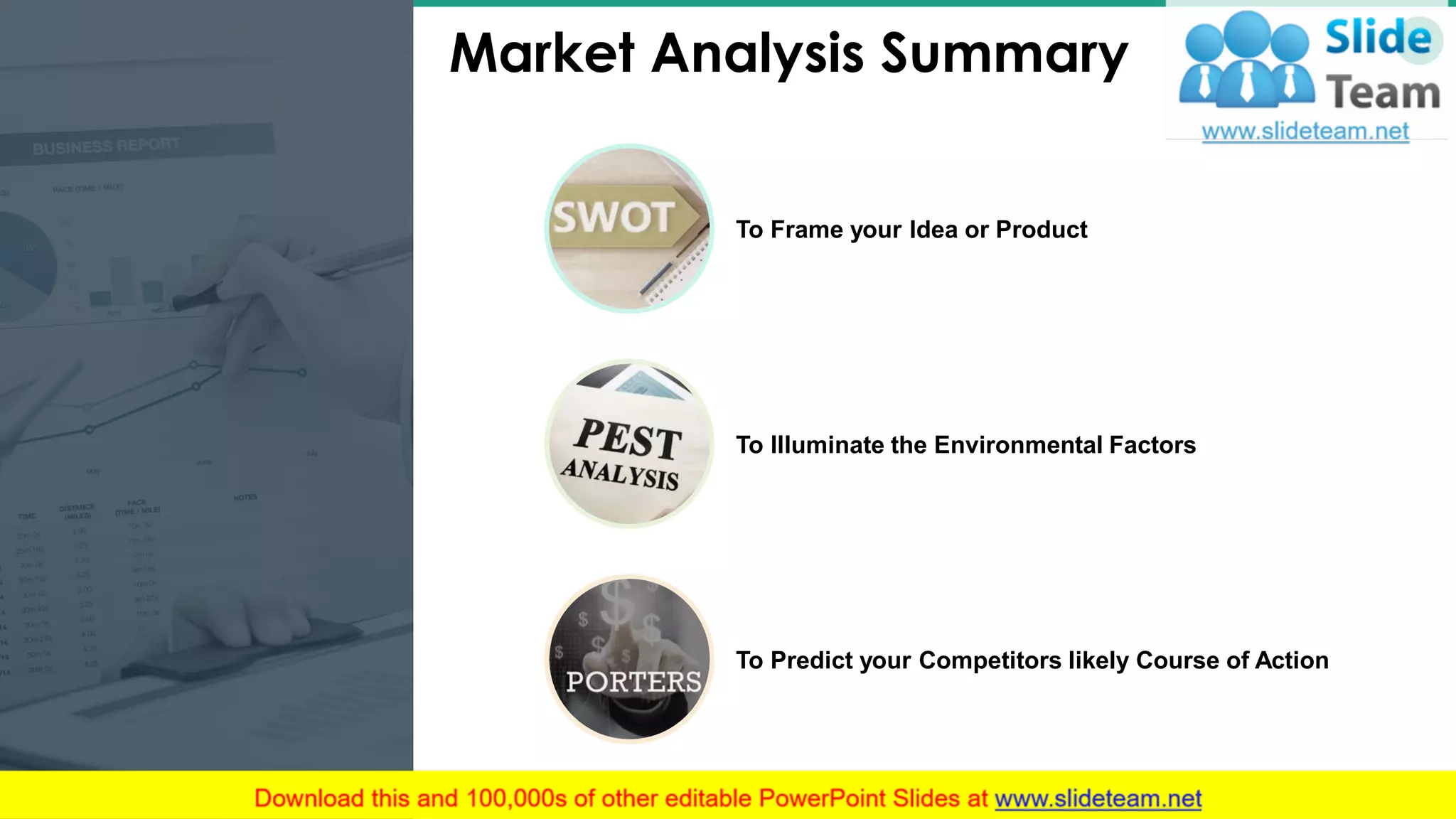 18
To Illuminate the Environmental Factors
To Predict your Competitors likely Course of Action
To Frame your Idea or Product
Market Analysis Summary
 