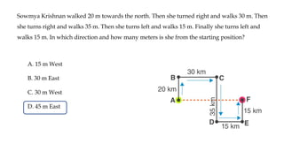 Sowmya Krishnan walked 20 m towards the north. Then she turned right and walks 30 m. Then
she turns right and walks 35 m. Then she turns left and walks 15 m. Finally she turns left and
walks 15 m. In which direction and how many meters is she from the starting position?
A. 15 m West
B. 30 m East
C. 30 m West
D. 45 m East
 