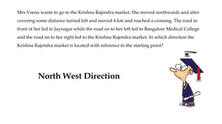 Mrs.Veena wants to go to the Krishna Rajendra market. She moved northwards and after
covering some distance turned left and moved 4 km and reached a crossing. The road in
front of her led to Jaynagar while the road on to her left led to Bangalore Medical College
and the road on to her right led to the Krishna Rajendra market. In which direction the
Krishna Rajendra market is located with reference to the starting point?
North West Direction
 