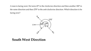 A man is facing west. He turns 45° in the clockwise direction and then another 180° in
the same direction and then 270° in the anti-clockwise direction. Which direction is he
facing now?
South West Direction
 