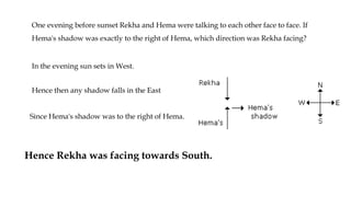 One evening before sunset Rekha and Hema were talking to each other face to face. If
Hema's shadow was exactly to the right of Hema, which direction was Rekha facing?
In the evening sun sets in West.
Hence then any shadow falls in the East
Since Hema's shadow was to the right of Hema.
Hence Rekha was facing towards South.
 