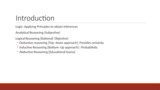 Introduction
Logic: Applying Principles to obtain inferences
Analytical Reasoning (Subjective)
Logical Reasoning (Rational/ Objective)
◦ Deductive reasoning [Top- down approach]: Provides certainty
◦ Inductive Reasoning [Bottom- Up approach] : Probabilistic
◦ Abductive Reasoning [Educational Guess]
 