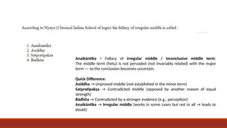 Anaikāntika = Fallacy of irregular middle / inconclusive middle term.
The middle term (hetu) is not pervaded (not invariably related) with the major
term — so the conclusion becomes uncertain.
Quick Difference:
Asiddha → Unproved middle (not established in the minor term)
Satpratipakṣa → Contradicted middle (opposed by another reason of equal
strength)
Bādhita → Contradicted by a stronger evidence (e.g., perception)
Anaikāntika → Irregular middle (works in some cases but not in all → leads to
doubt)
 
