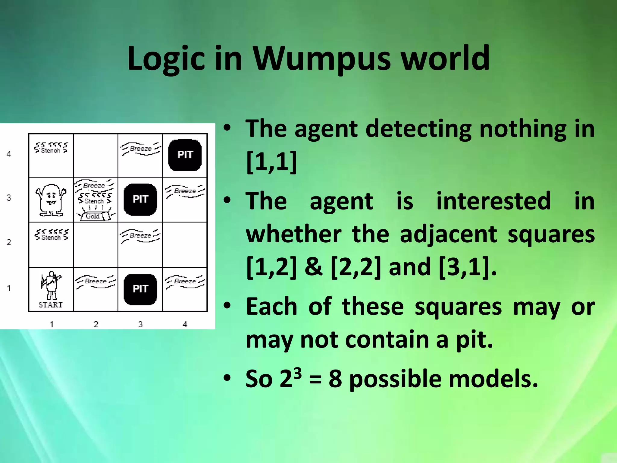 Logic in Wumpus world
     • The agent detecting nothing in
       [1,1]
     • The agent is interested in
       whether the adjacent squares
       [1,2] & [2,2] and [3,1].
     • Each of these squares may or
       may not contain a pit.
     • So 23 = 8 possible models.
 