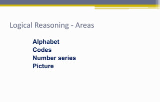 Logical Reasoning - Areas
Alphabet
Codes
Number series
Picture
 