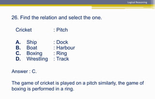 Answer : C.
The game of cricket is played on a pitch similarly, the game of
boxing is performed in a ring.
26. Find the relation and select the one.
Cricket : Pitch
A. Ship : Dock
B. Boat : Harbour
C. Boxing : Ring
D. Wrestling : Track
Logical Reasoning
 