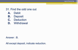 Answer : B.
All except deposit, indicate reduction.
31. Find the odd one out
A. Debit
B. Deposit
C. Deduction
D. Withdrawal
Logical Reasoning
 