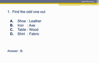 Answer : B.
1. Find the odd one out
A. Shoe : Leather
B. Iron : Axe
C. Table : Wood
D. Shirt : Fabric
Logical Reasoning
 