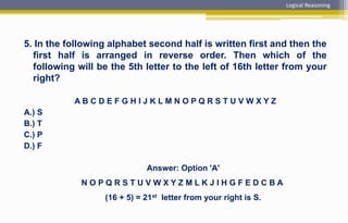 5. In the following alphabet second half is written first and then the
first half is arranged in reverse order. Then which of the
following will be the 5th letter to the left of 16th letter from your
right?
A B C D E F G H I J K L M N O P Q R S T U V W X Y Z
A.) S
B.) T
C.) P
D.) F
Answer: Option 'A'
N O P Q R S T U V W X Y Z M L K J I H G F E D C B A
(16 + 5) = 21st letter from your right is S.
Logical Reasoning
 